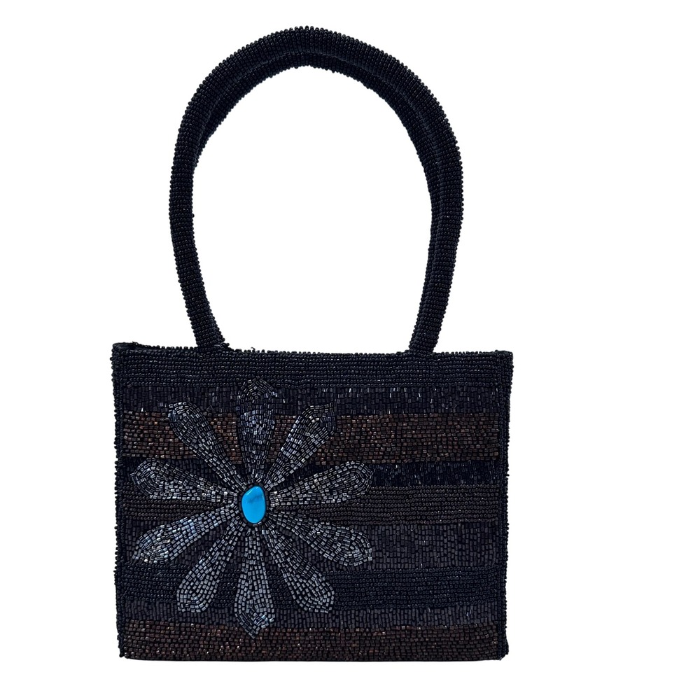Black Beaded Flower Handbag Evening Bag Turquoise Accent‎ - Picture 2 of 10
